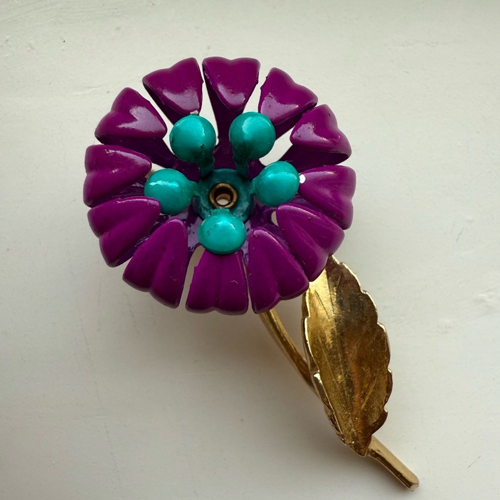Vintage Enamel Purple and Turquoise Floral Brooch